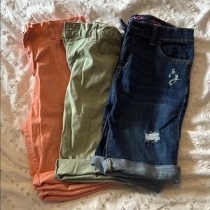 Trio of Shorts in Coral, Sage, and Jean